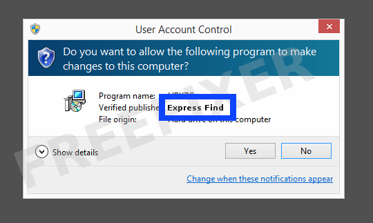 Screenshot where Express Find appears as the verified publisher in the UAC dialog
